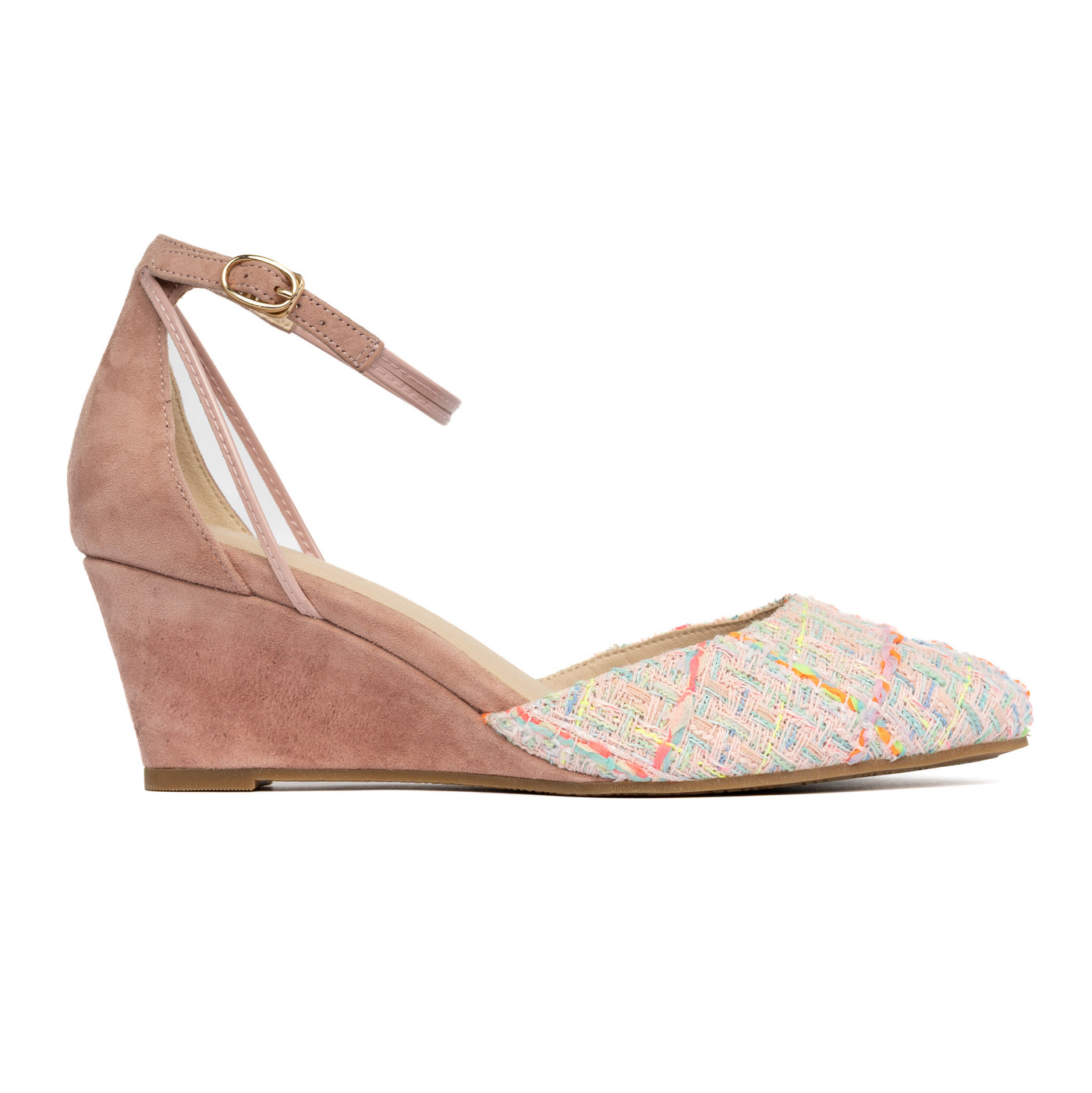 Steffie's Landmark Petal 2-inch pink tweed wedge heel with RoamFoam cushioning