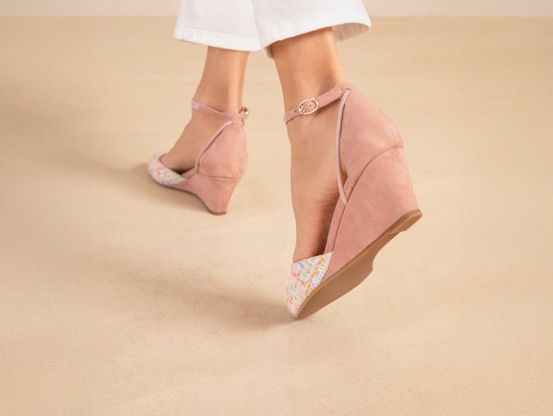 Landmark Petal pink tweed-toe wedges worn with white cropped trousers