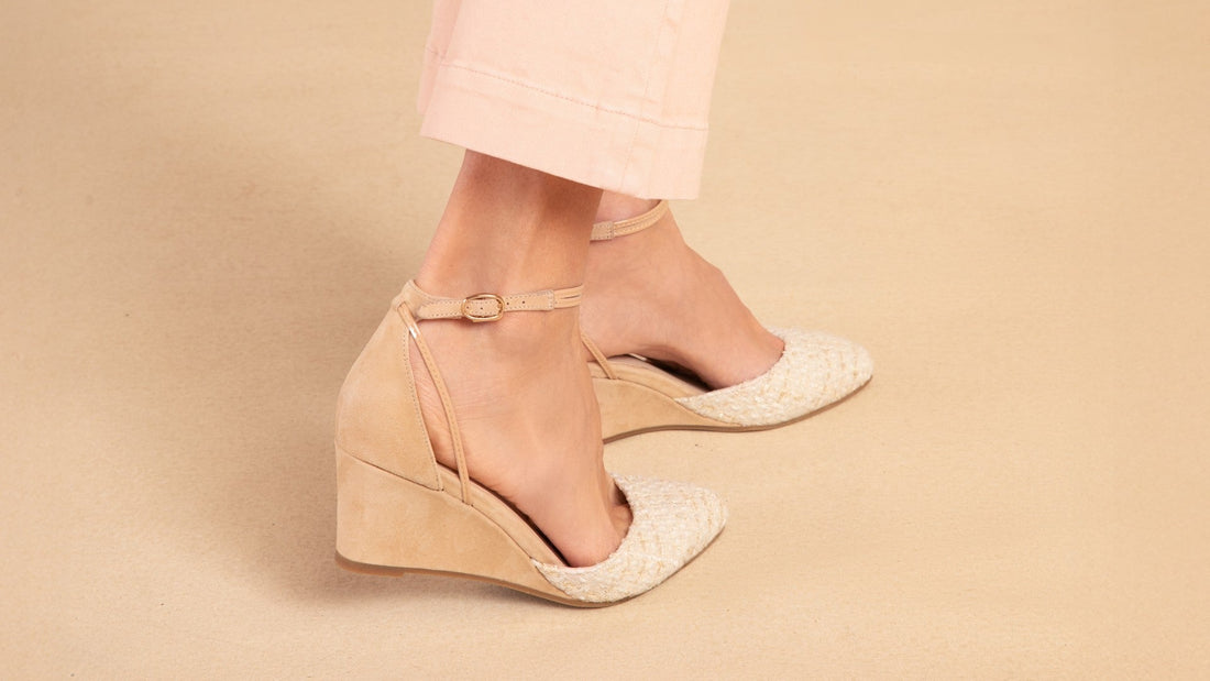Landmark Pearl cream tweed-toe wedges worn with blush cropped trousers