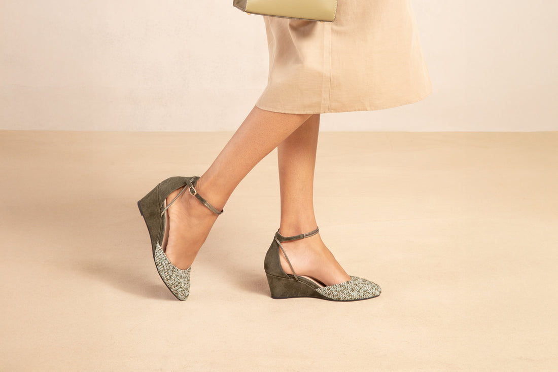 Landmark Ivy green tweed-toe wedges worn with a linen midi skirt