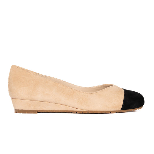 Steffie's Journey Sand beige suede ballet flat with black cap toe and RoamFoam cushioning