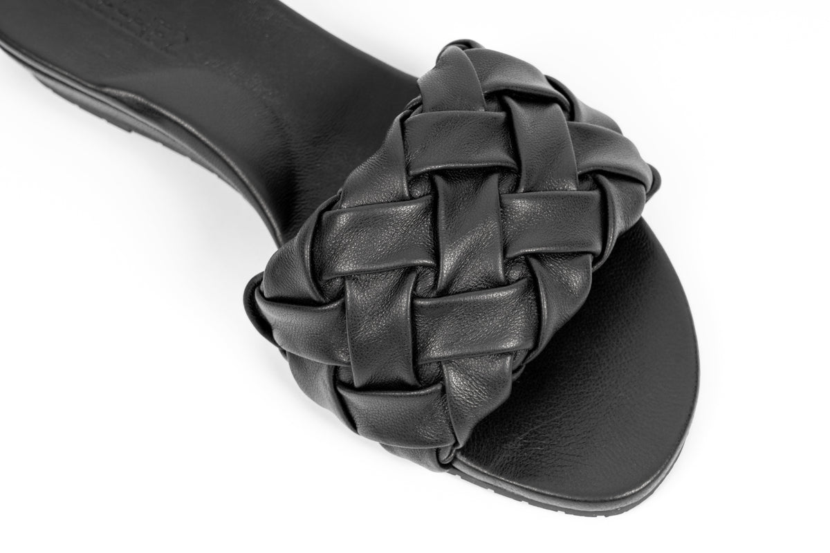 Glide Ink black woven leather slide sandal, easy slip-on comfort