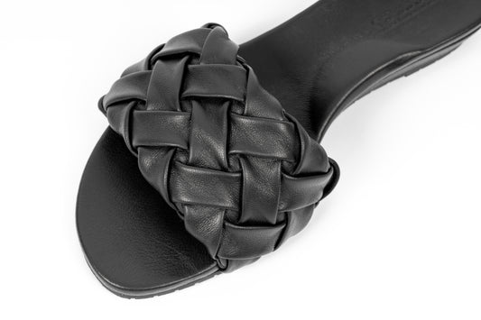Glide Ink black woven leather slide sandal, easy slip-on comfort