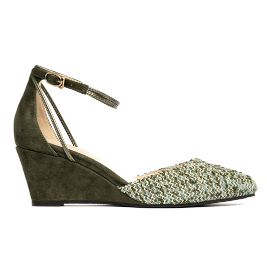 Steffie's Landmark Ivy 2-inch green tweed wedge heel with RoamFoam cushioning
