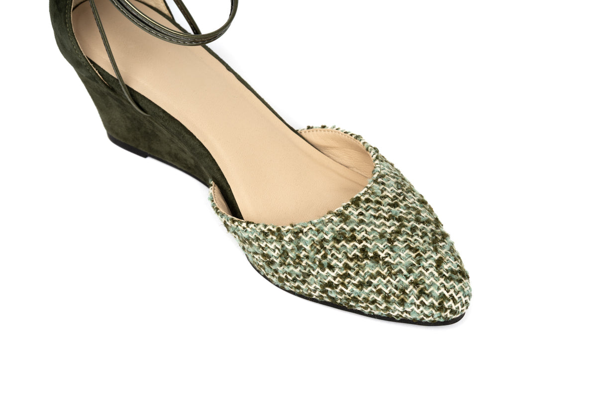Steffie's Landmark Ivy green tweed wedge heel with RoamFoam comfort