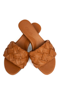 Glide Saddle brown woven leather slide sandal, easy slip-on comfort