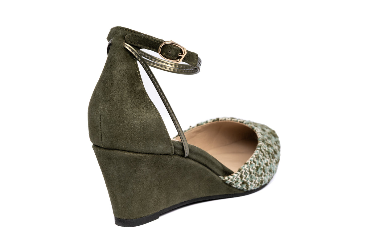 Landmark Ivy comfortable green tweed wedge heel for women