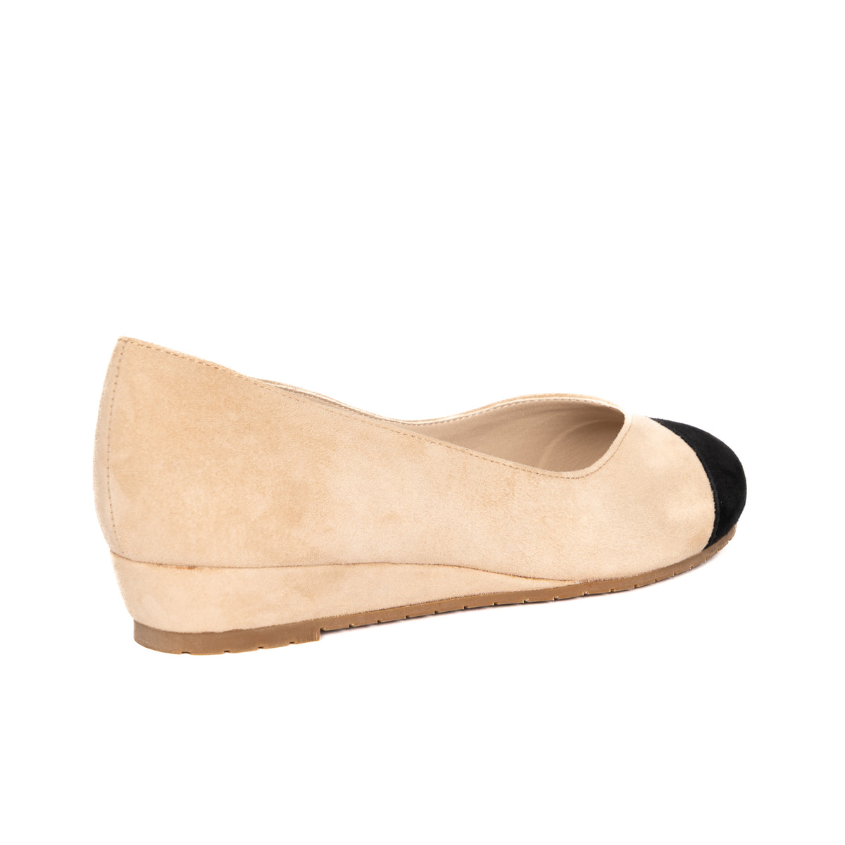 Journey Sand beige suede flat, front view of black cap toe