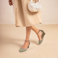 Landmark Ivy green tweed wedge that looks like a heel and feels like a sneaker
