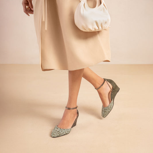 Landmark Ivy green tweed wedge that looks like a heel and feels like a sneaker